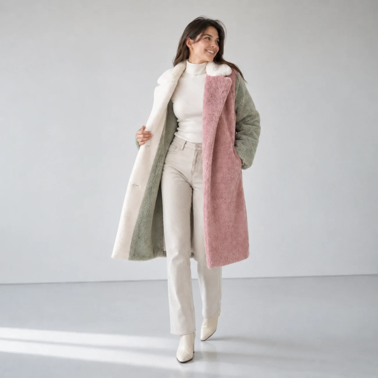 Faux Fur Jacket with Collar - Contrast Plush Winter Coat