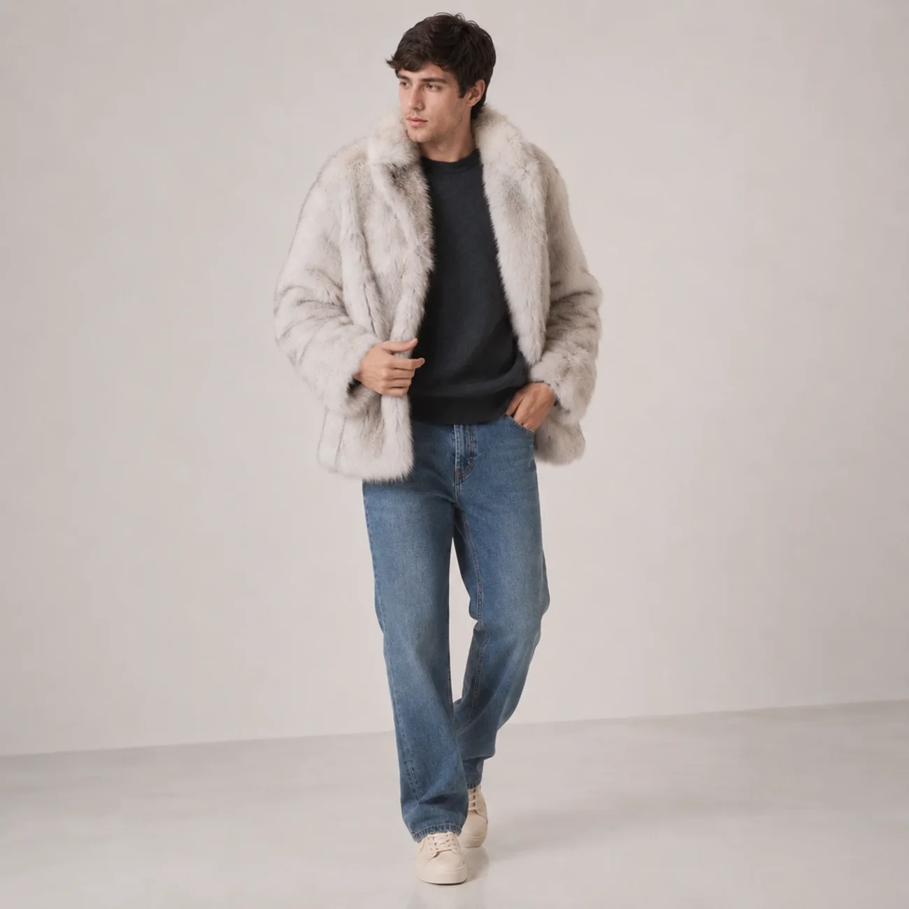 Cropped Faux Fur Jacket - Stand Collar, Single Breasted