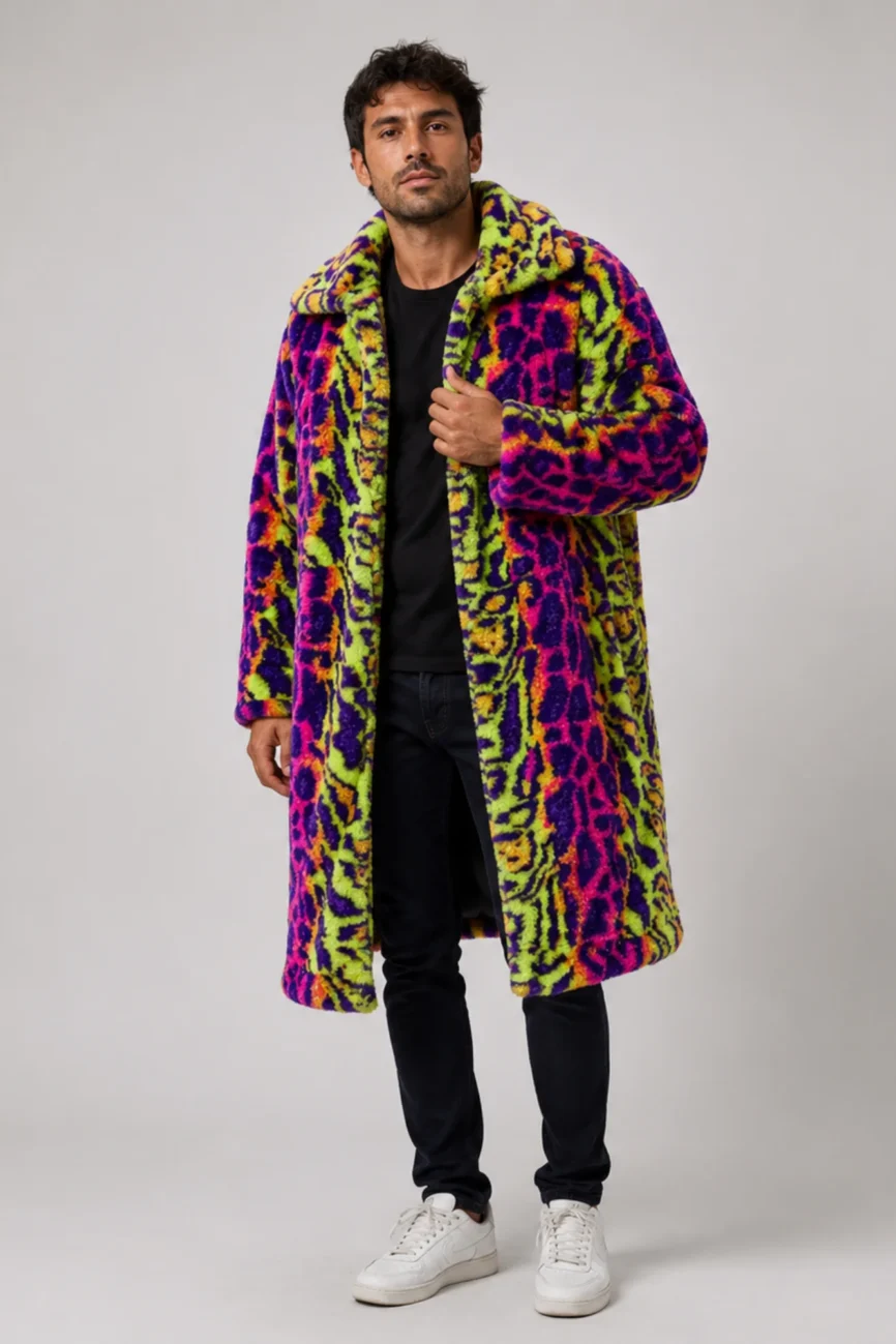 Men's faux fur coat with multi-color animal print and lapel collar