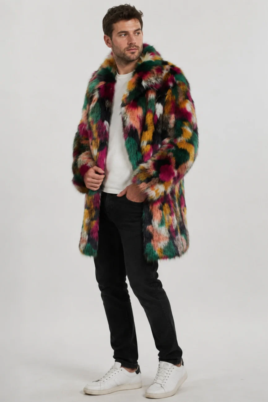 Men's Multi-Color Faux Plush Fur Long Coat - Trendy Loose Fit Down Collar Winter Jacket FFW-M002