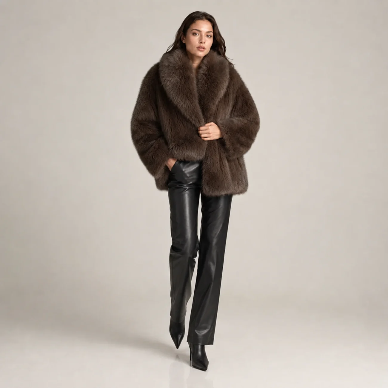 Solid Brown Faux Plush Fur Jacket Women | Fluffy Winter Coat | Warm Thick Plush Outerwear