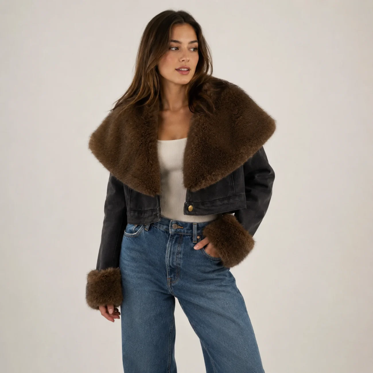 Faux Fur Denim Jacket Women - Sailor Collar Short Coat