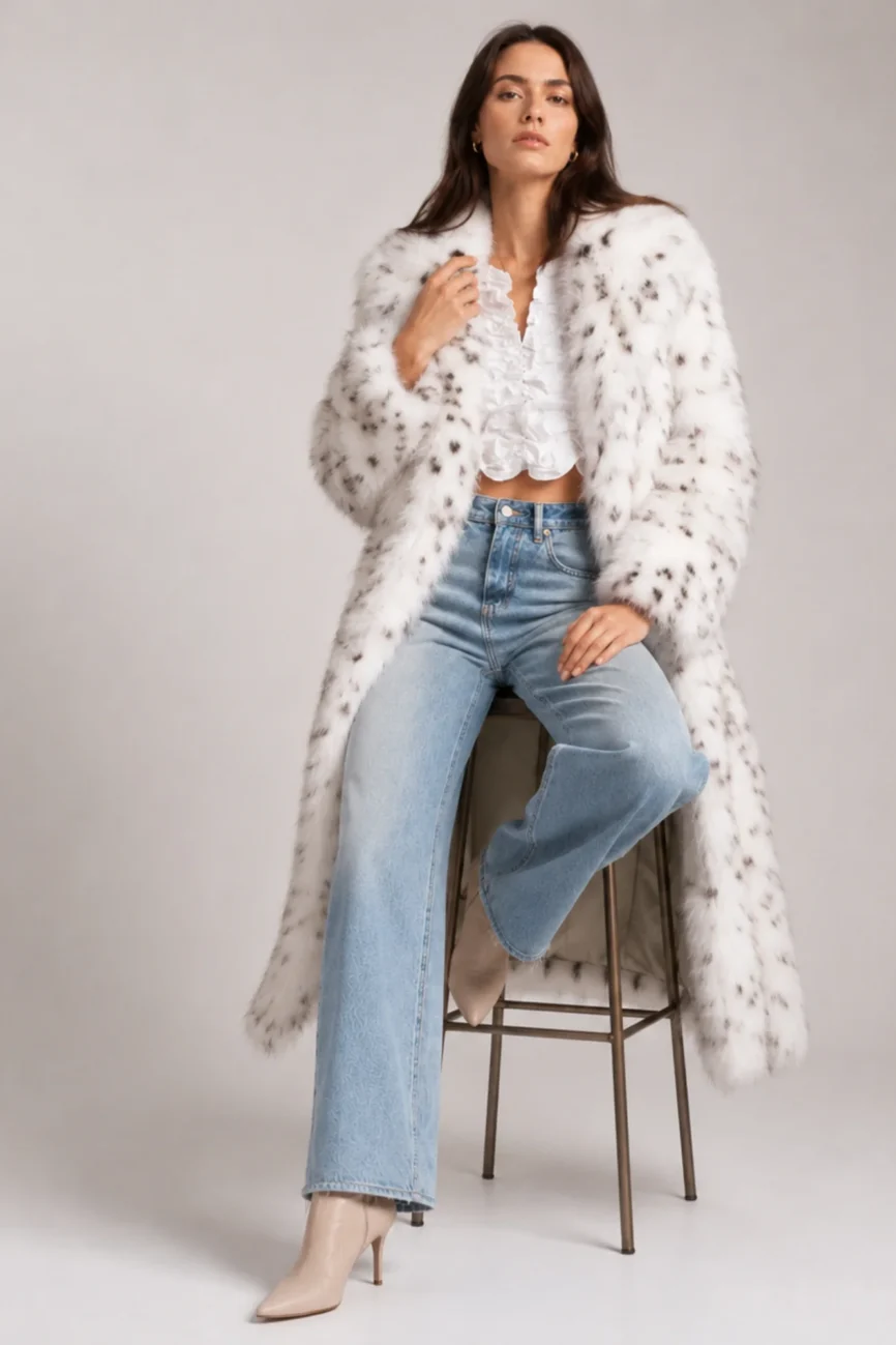 animal print faux fur coat black dot spotted pattern front view