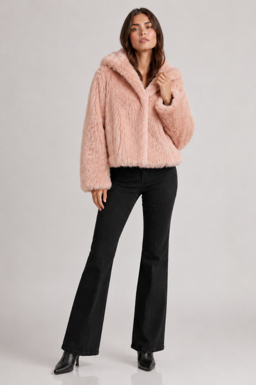 Women's Hooded Faux Fur Jacket - Knitted Winter Outerwear