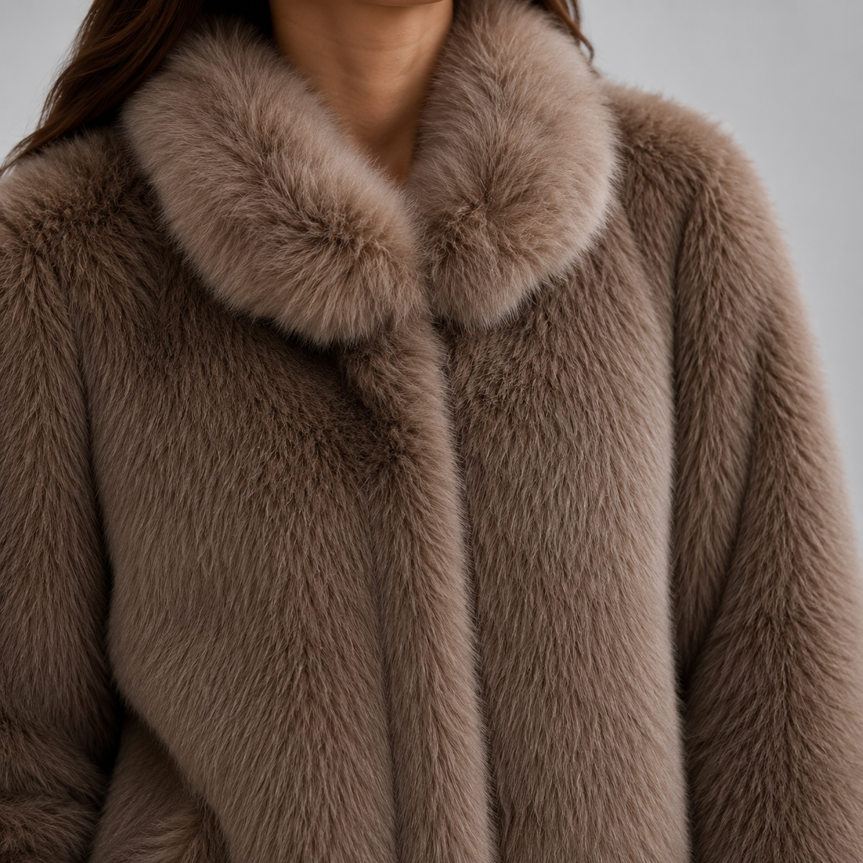 Brown Cropped Faux Fur Jacket for Women - Stand Collar