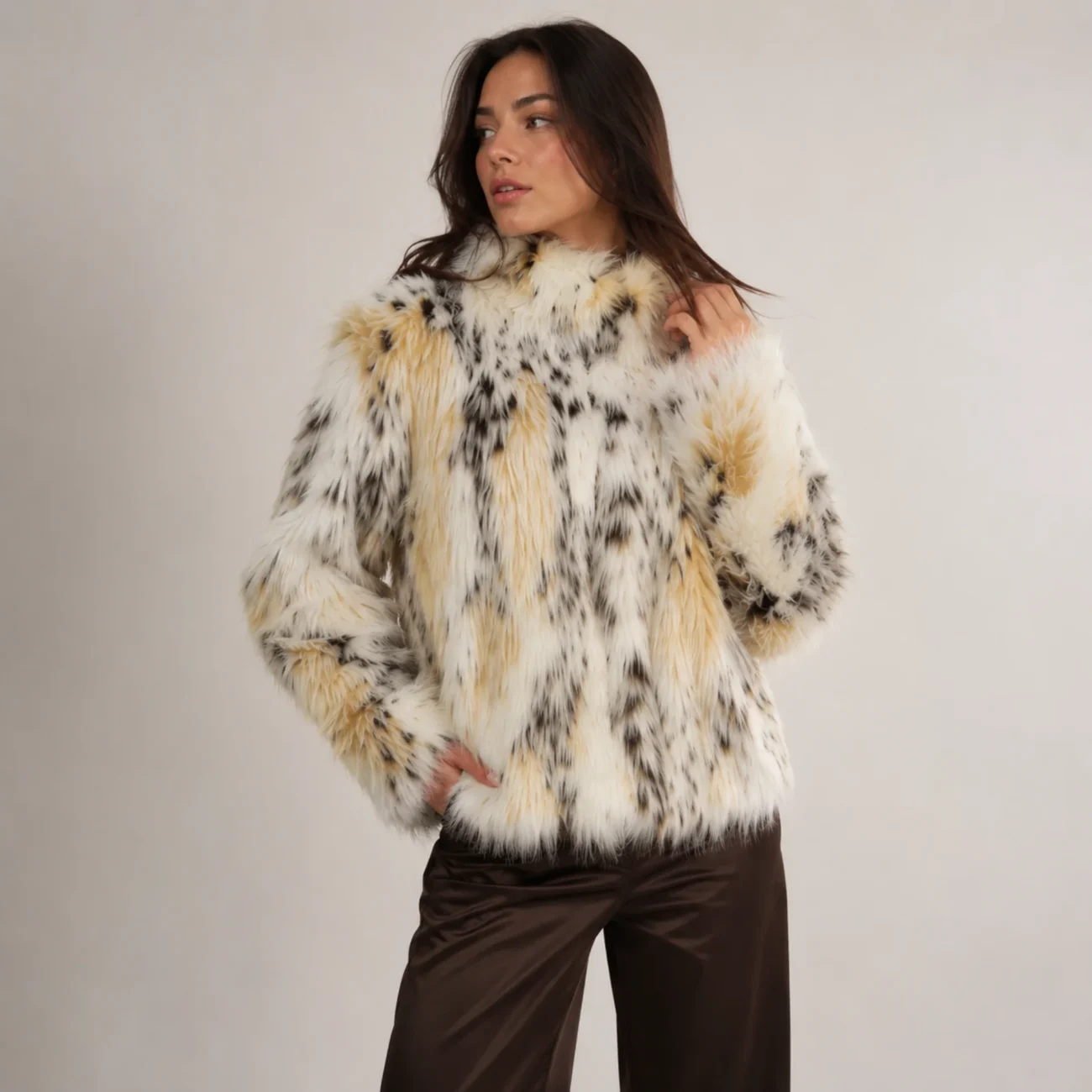 Animal Print Faux Fur Coat for Women – Spotted Plush Winter Coat