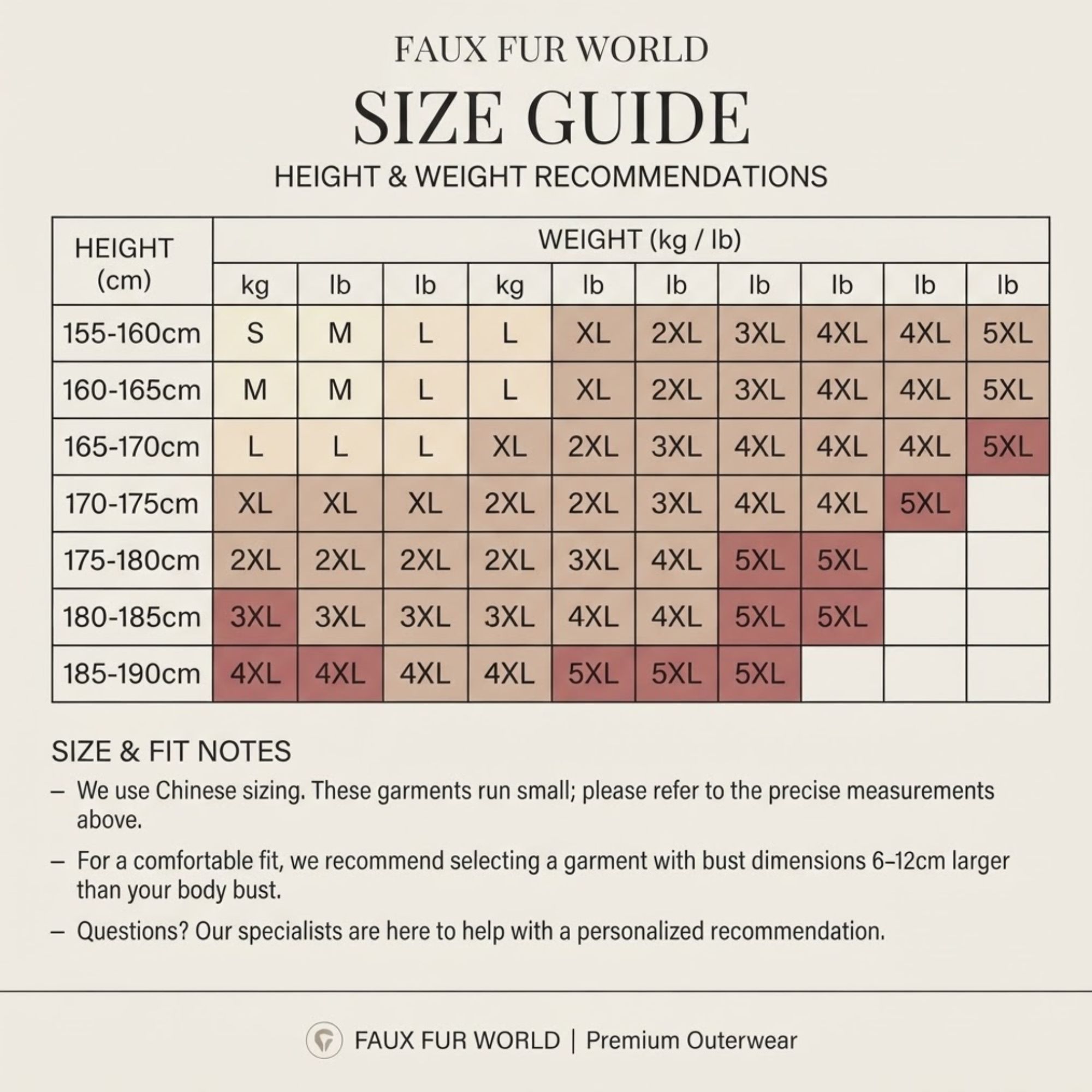 Men's Faux Fur Long Coat - Spotted Print Mid-Length Overcoat size chart