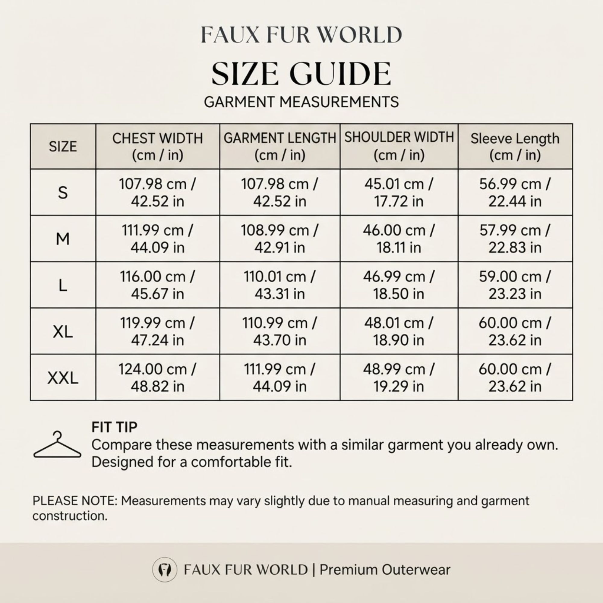 Long Plush Jacket - Women's Faux Fur Long Coat size chart