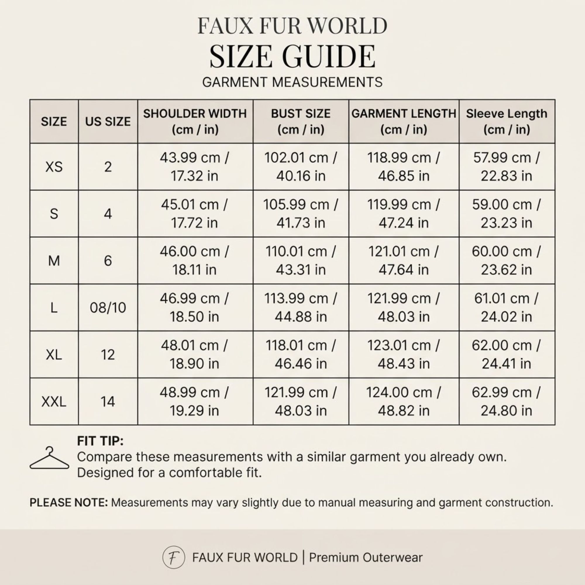 White Dye Women Luxury Jacket - Long Faux Fur Winter Coat size chart