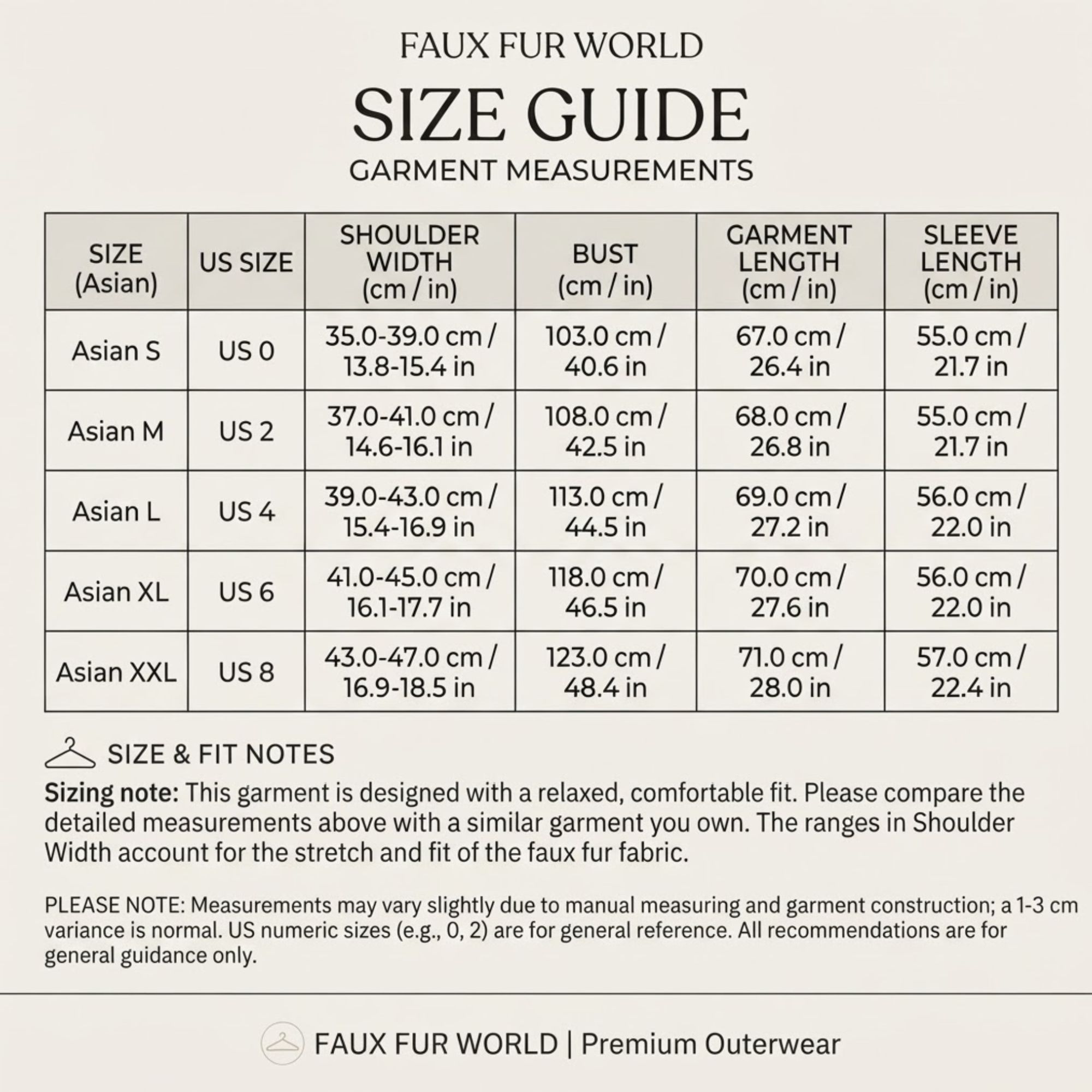 Fluffy Faux Fur Coat Women - Short Winter Jacket size chart