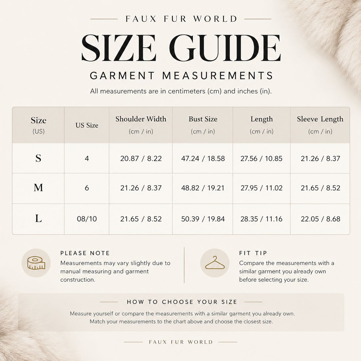Brown Cropped Faux Fur Jacket for Women - Stand Collar size chart